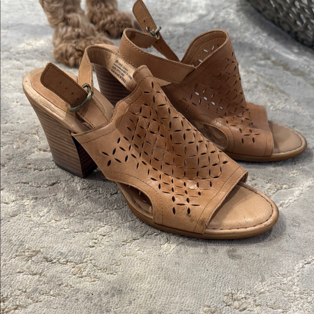 Born Tan Heeled Sandals with Laser-Cut Design